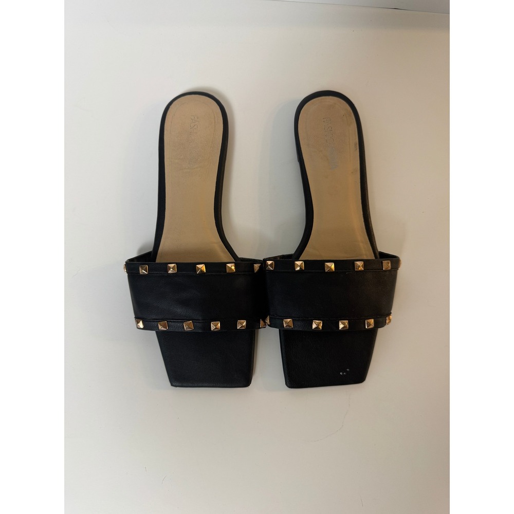 Black Square Toe Studded Slide Sandals Womens Size 8 Gold Studs Casual Chic